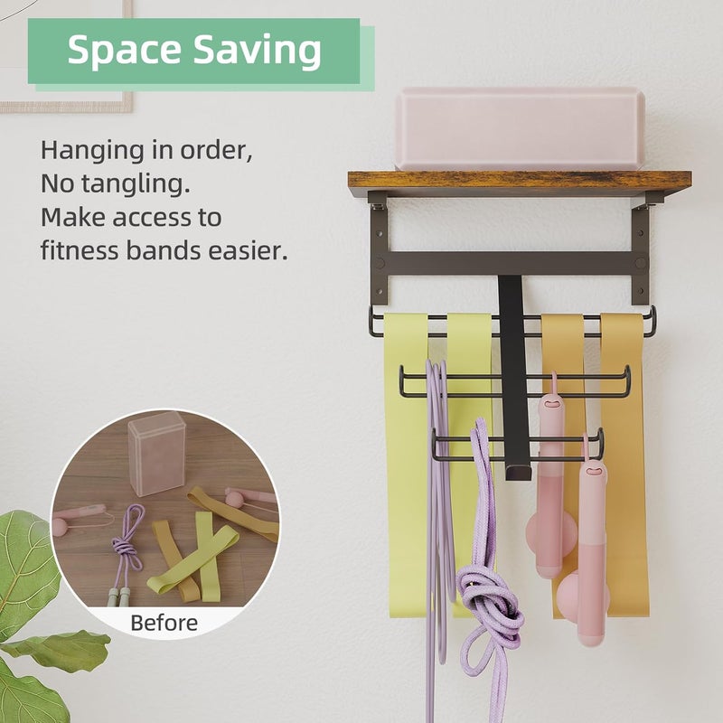 TJMOREE Resistance Rack Band Storage Hanger with Shelf Gym Equipment Organizer, Storage Rack for Home Gym, Brown - Image 4